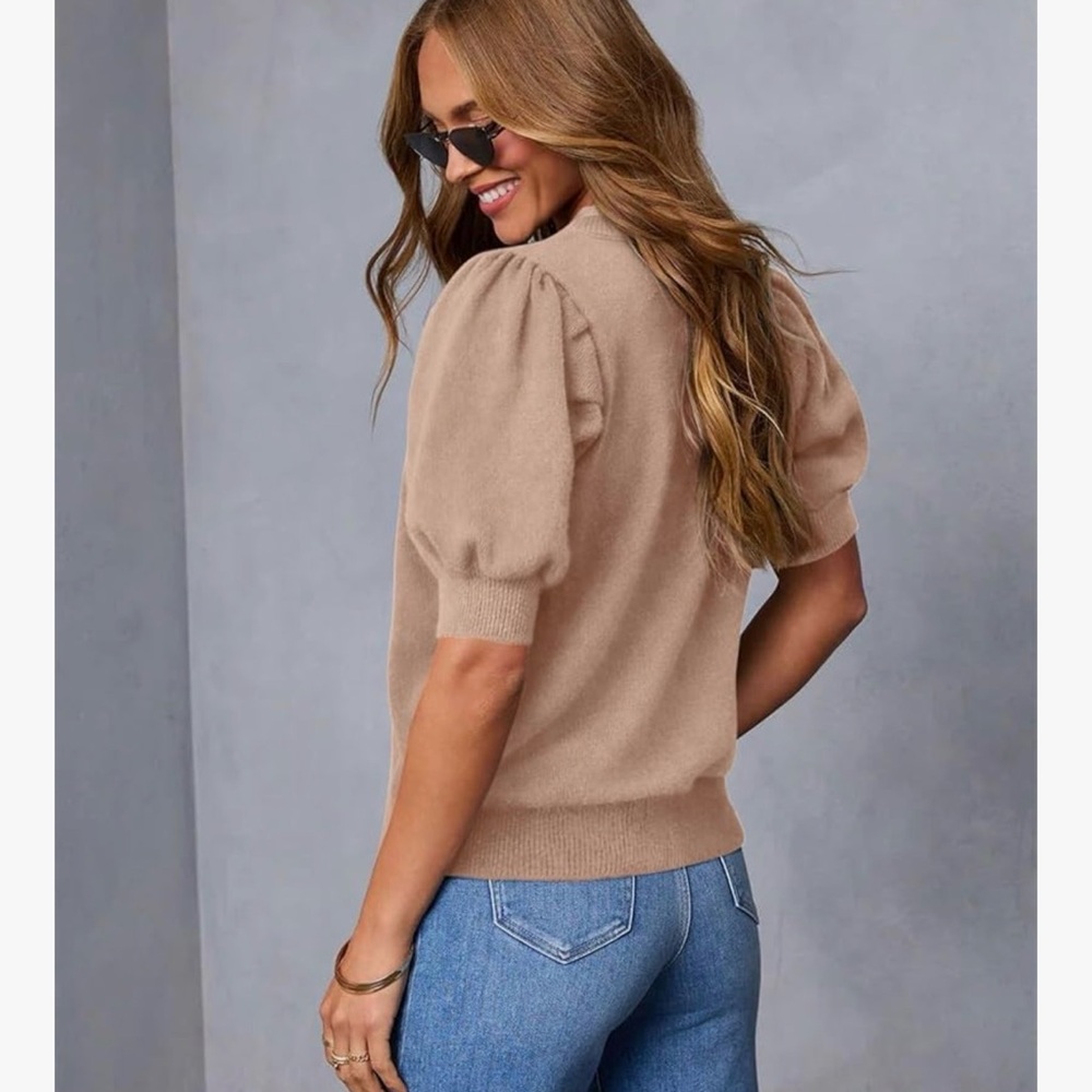 Short Sleeve Puff Shoulder Sweater - Blush Pink - Picture 5 of 5